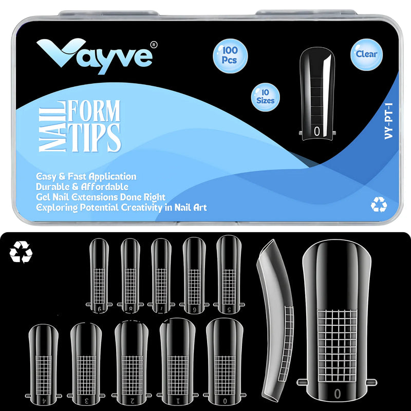Vayve Nail Form Tips – 100 Pcs Clear Dual Forms | Poly Gel Nail Tips Extensions (10 Sizes)