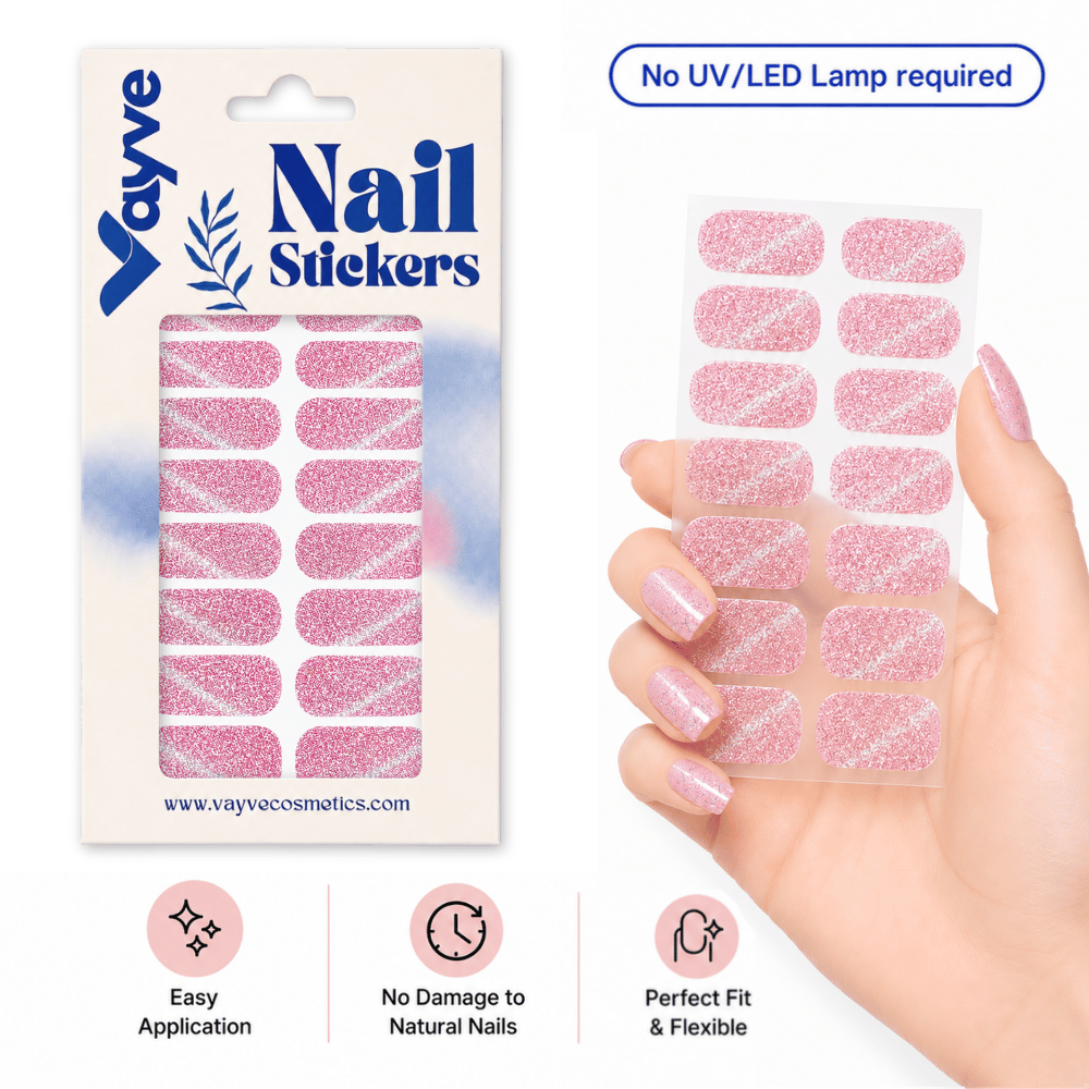 Vayve Nail Stickers Pink Cat Eye Glitter | Self-Adhesive Nail Wraps | No UV Lamp Required