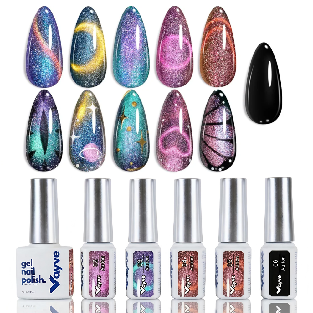 Vayve Aurion Cat Eye Gel Polish Set – Dual-Gleam Magnetic Effect, 6 Shades