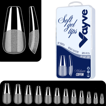 Vayve Soft Gel Nail Tips – Half Matte Pre Buff & Full Clear, 120 Pcs (12 Sizes)