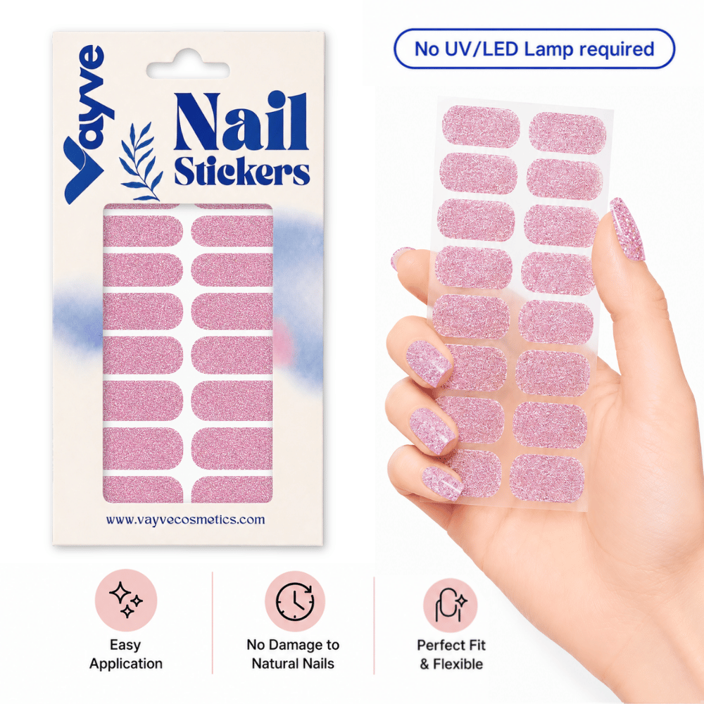 Vayve Nail Stickers Pink Glitter | Self-Adhesive Nail Wraps | No UV Lamp Required