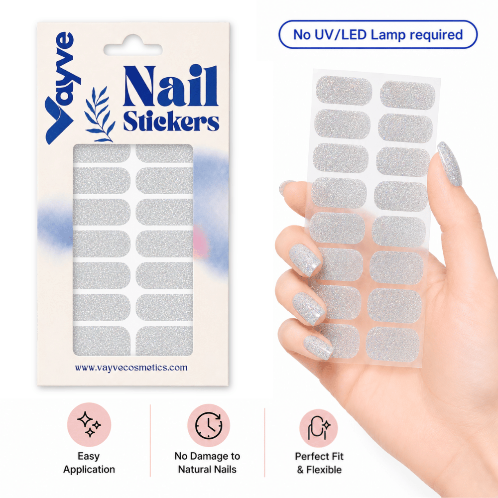 Vayve Nail Stickers Silver Glitter | Self-Adhesive Nail Wraps | No UV Lamp Required