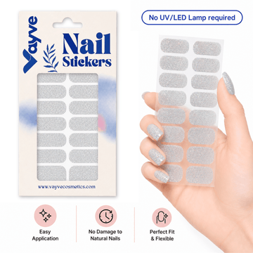 Vayve Nail Stickers Silver Glitter | Self-Adhesive Nail Wraps | No UV Lamp Required