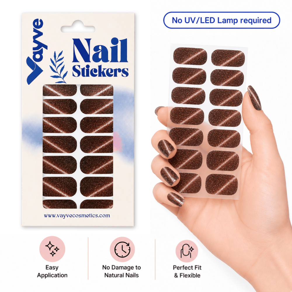 Vayve Nail Stickers Brown Cat Eye | Self-Adhesive Nail Wraps | No UV Lamp Required