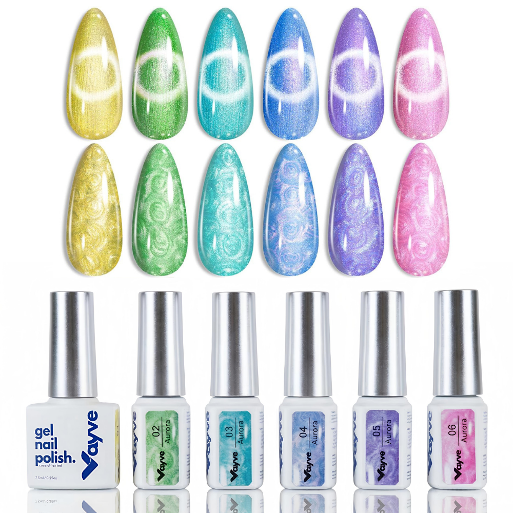Vayve Cat Eye Gel Polish Set – Aurora Magnetic Effect Gel Nail Polish, 6 Shades
