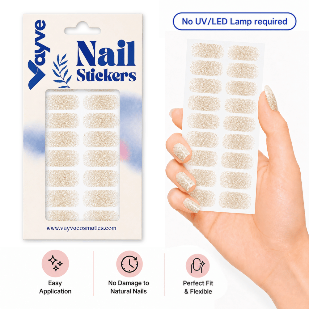 Vayve Nail Stickers Champagne Gold Glitter | Self-Adhesive Nail Wraps | No UV Lamp Required