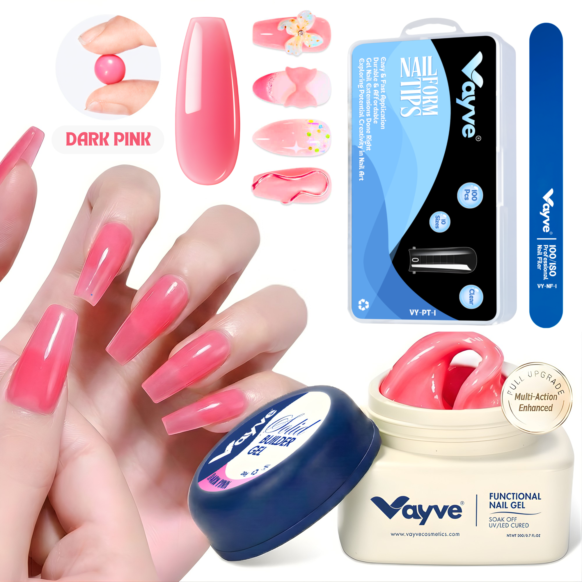 Vayve Solid Nail Extension Combo Kit | Solid Builder Gel + Poly Nail Tips Forms + Nail Filer
