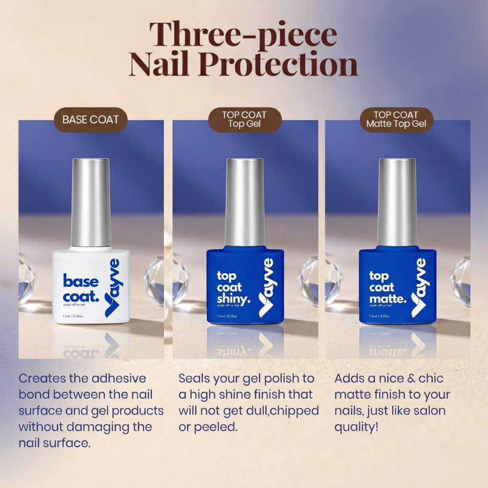 Vayve 3-in-1 Nail Essential Set – Base Coat + Matte & Shiny Top Coat Combo