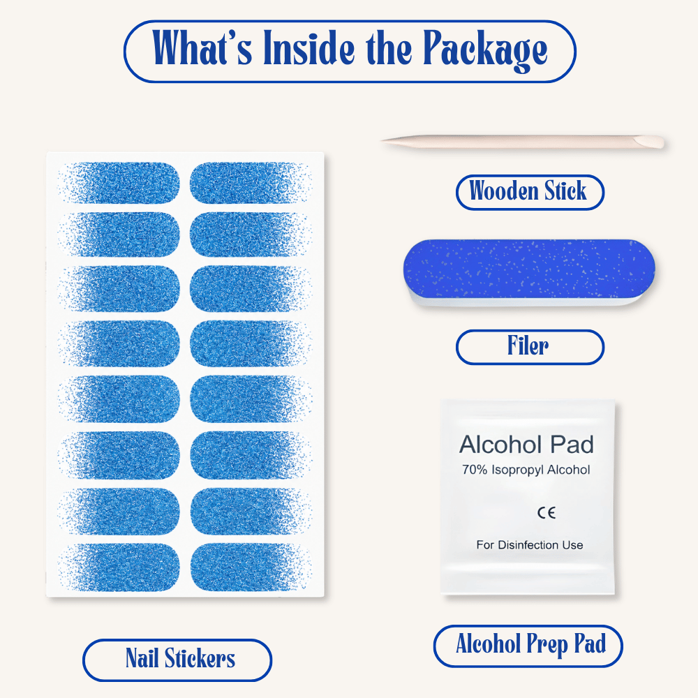 Vayve Nail Stickers Blue Glitter Gradient | Self-Adhesive Nail Wraps | No UV Lamp Required