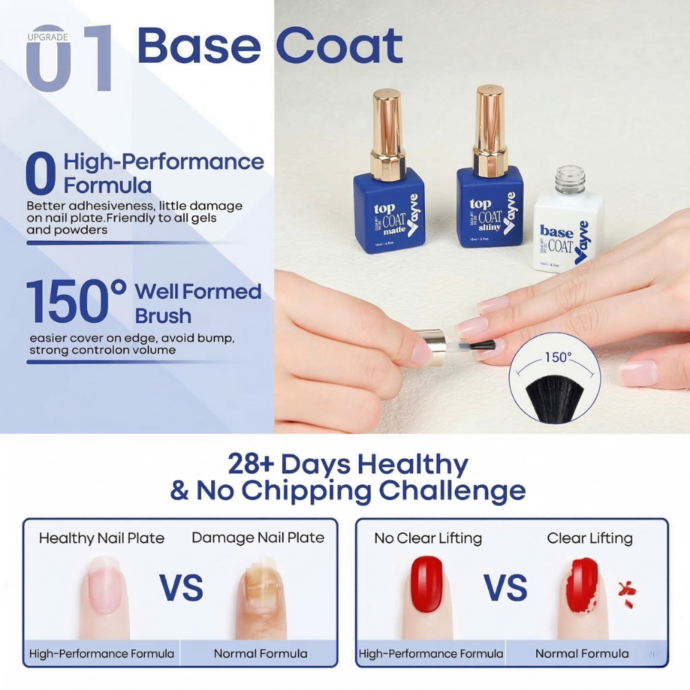 Vayve Base, Glossy & Matte Top Coat Combo 15ml | Complete Gel Nail System UV/LED
