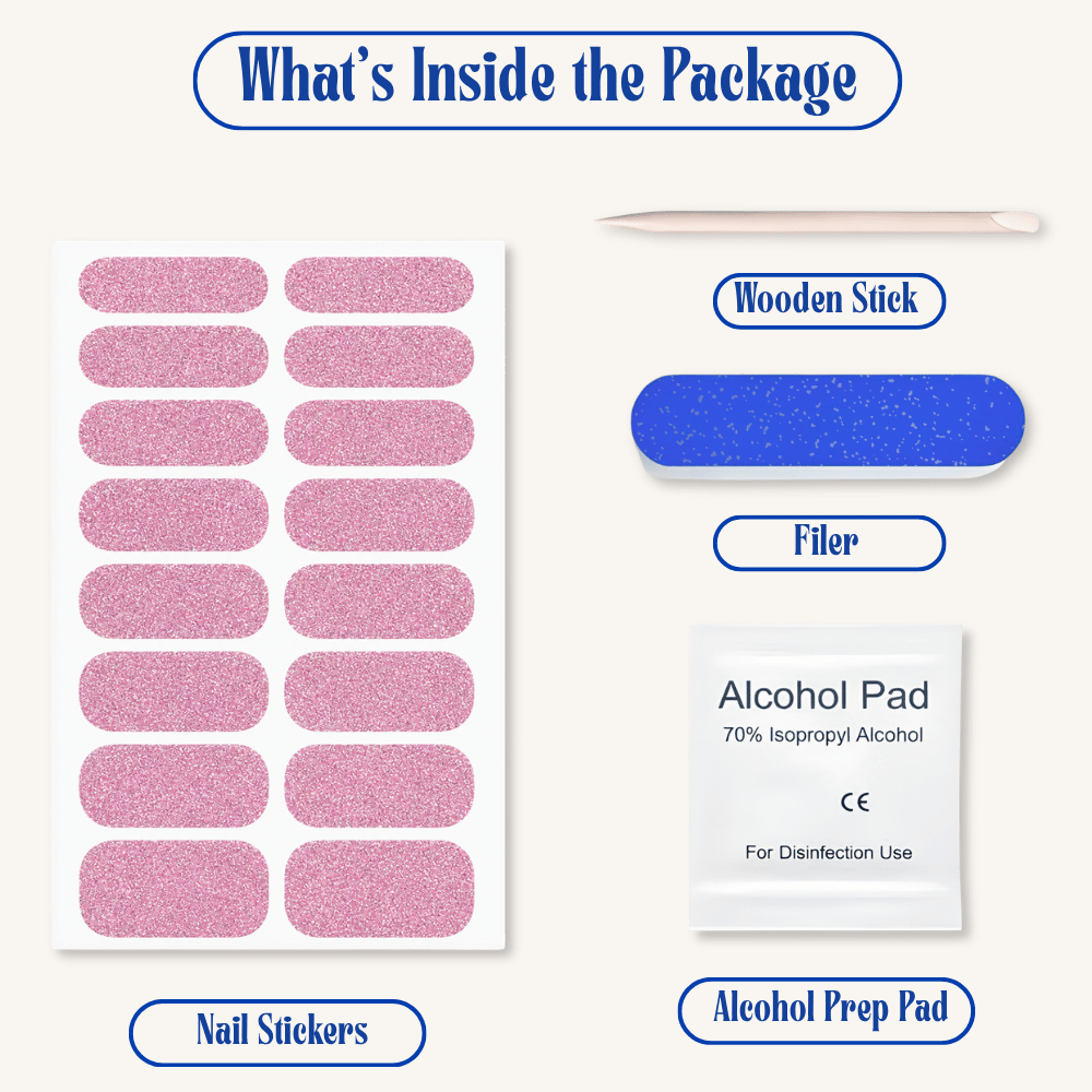 Vayve Nail Stickers Pink Glitter | Self-Adhesive Nail Wraps | No UV Lamp Required