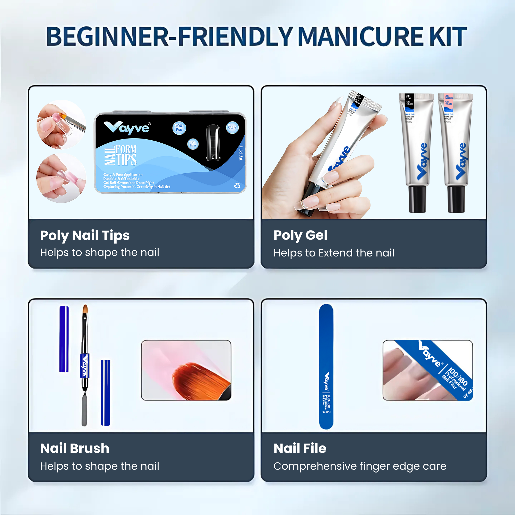 Vayve Poly Nail Gel Extension Kit with 2 Polygel, Nail Tips, Filer & Brush, Clips – DIY Nail Extension Kit