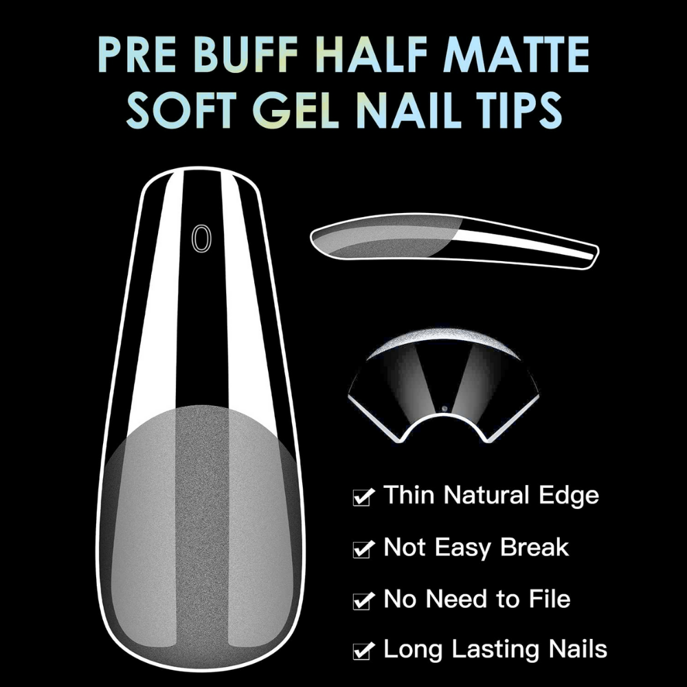 Vayve Soft Gel Nail Tips – Half Matte Pre Buff & Full Clear, 120 Pcs (12 Sizes)