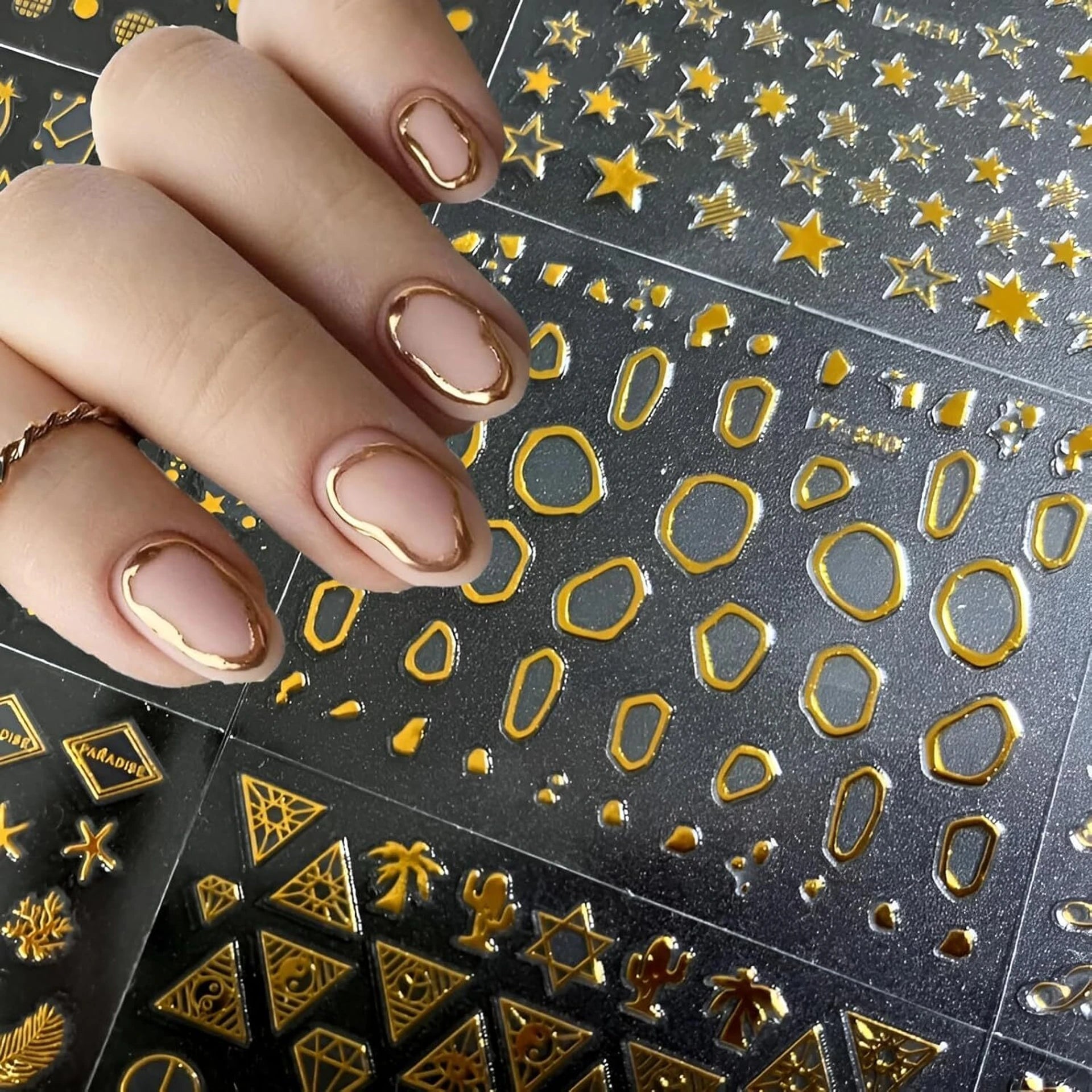 Vayve 30 Sheets Gold Nail Art Stickers | 3D Self-Adhesive Gold Lines, Stars & Diamonds