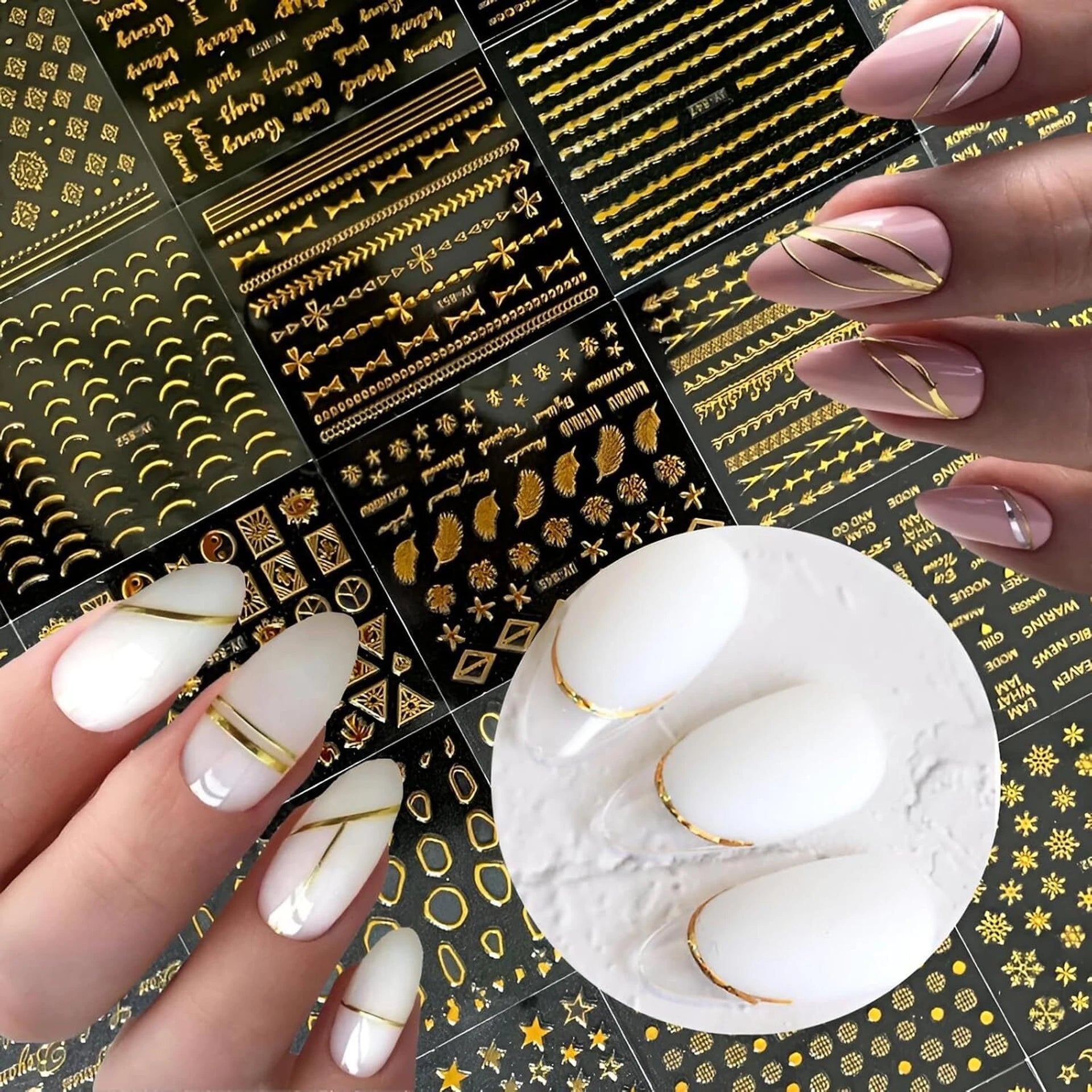 Vayve 30 Sheets Gold Nail Art Stickers | 3D Self-Adhesive Gold Lines, Stars & Diamonds