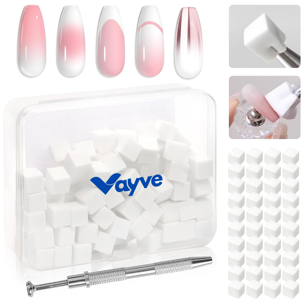 Vayve 100pcs Ombre Nail Art Sponge Blocks with Grabbing Pen